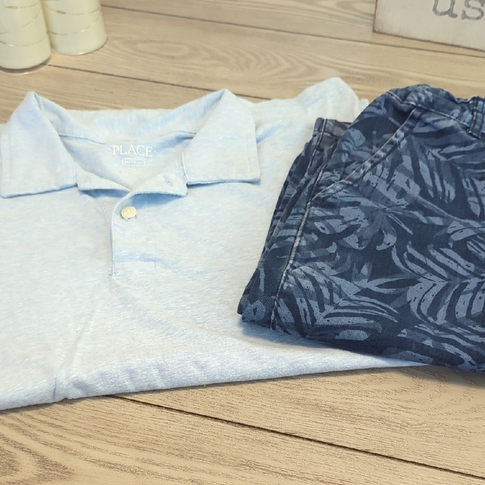 Children's Place Light Blue Polo With Leaf Print Shorts.